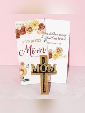 God Bless Mom Cross-Shaped Lapel Pin with Prayer Card